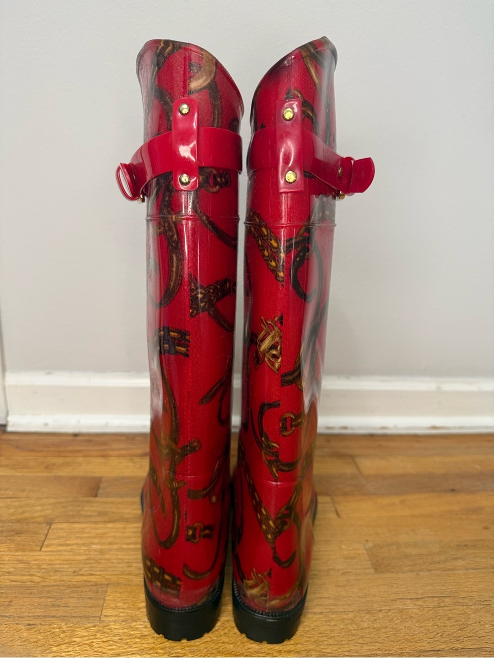 Lauren Ralph Lauren Red Equestrian Chain Print Rain Boots Size 7 - Picture 6 of 10